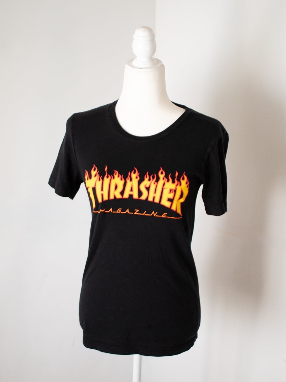 Thrasher Black Tee with Yellow-Orange Flame Logo